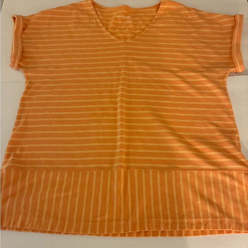 Soft Surroundings Women Peach Stripe Tee M  Short Sleeve Cotton Casual Coastal